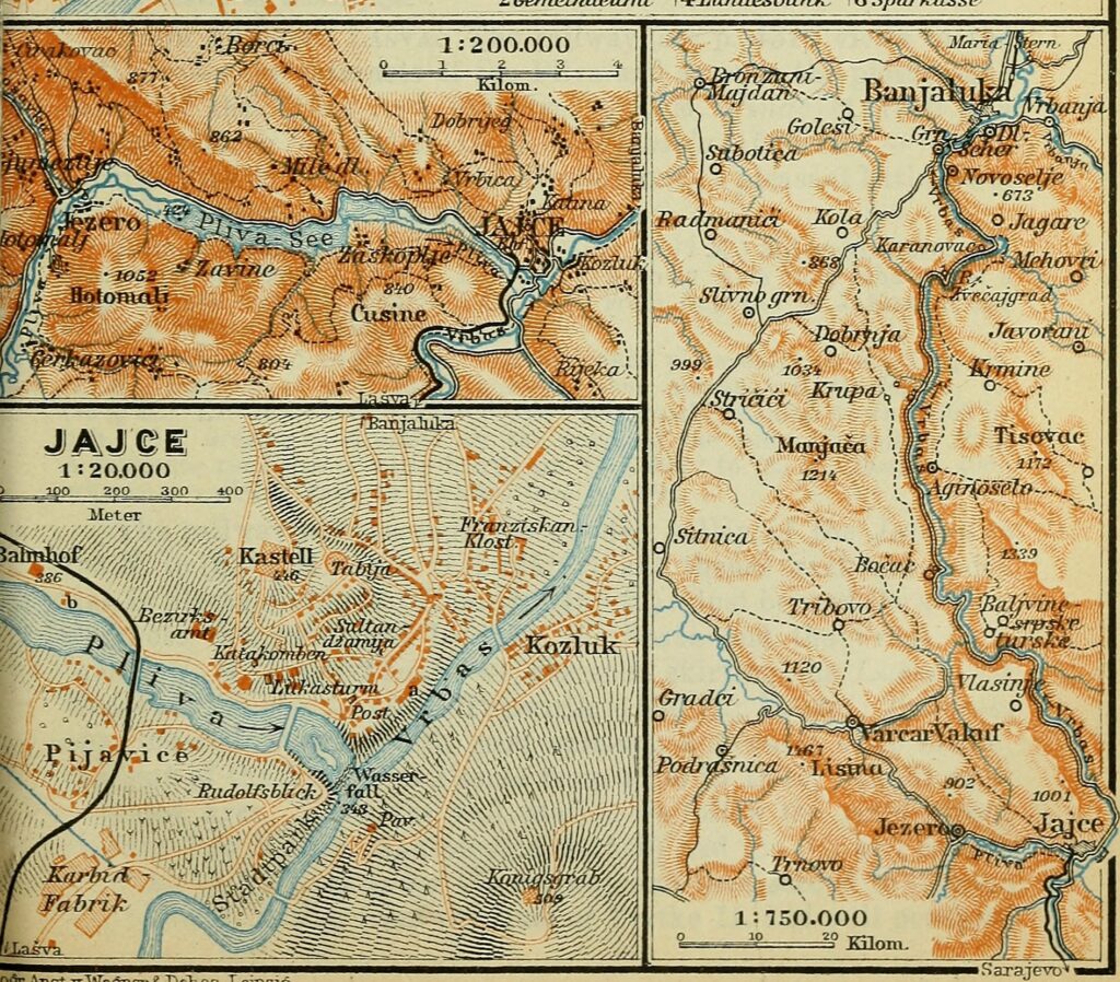 Historische Buchseite aus einem Baedeker-Reiseführer von 1911 mit Karte und Text zu Jajce, erwähnt das Grab von König Stjepan Tomašević