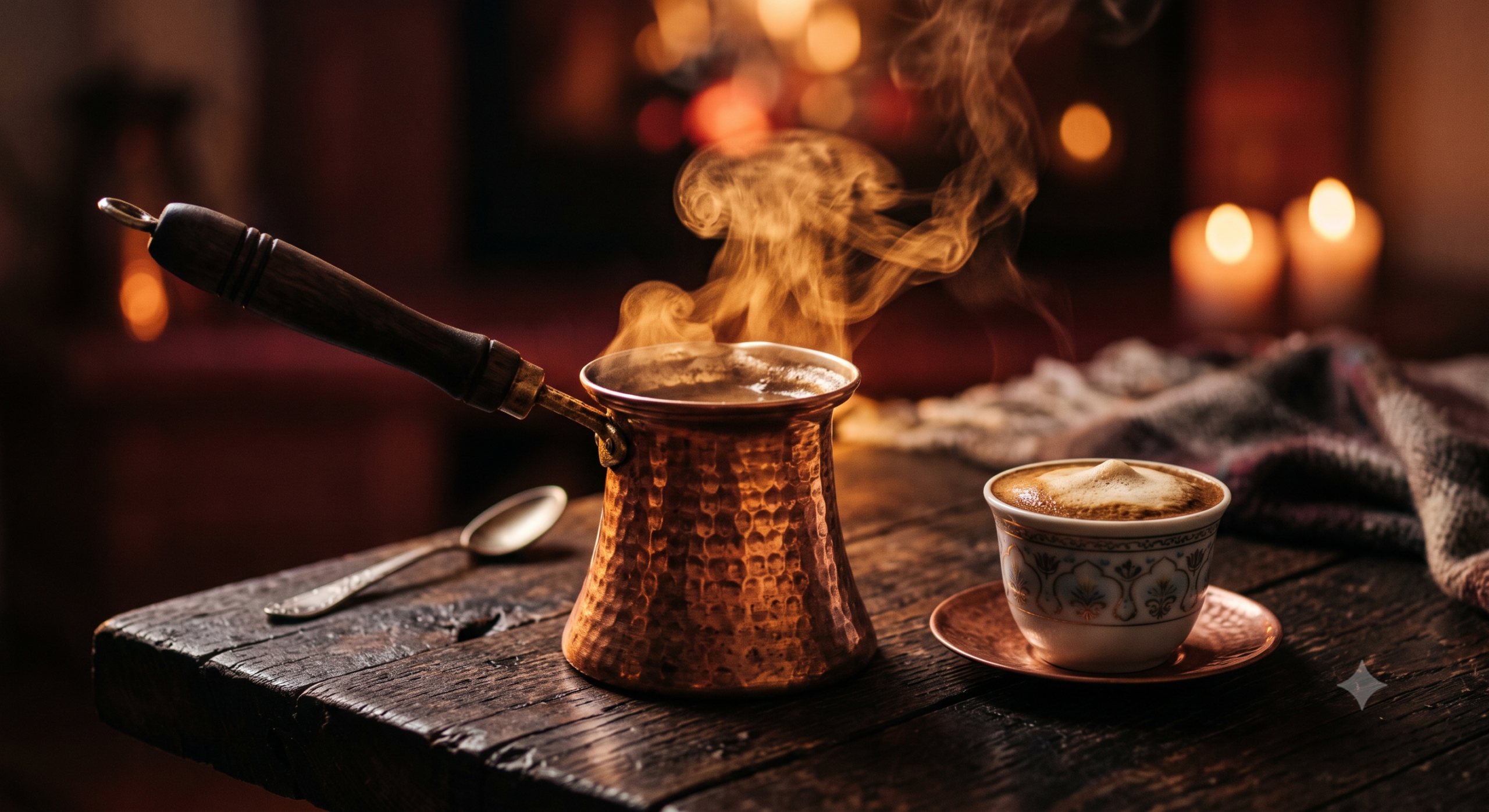Traditionelle Kupfer-Dzezva mit aufsteigendem Dampf neben einer Fildžan-Tasse mit Kaffeeschaum, warmes Kerzenlicht im Hintergrund