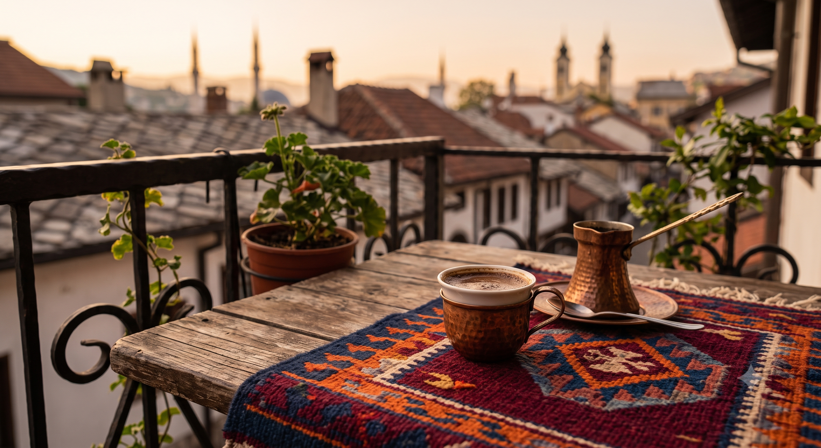 Fildžan-Kaffeetasse und Dzezva auf einem kleinen Tisch mit Ćilim-Decke auf einem Balkon, im Hintergrund Dächer bei Sonnenuntergang